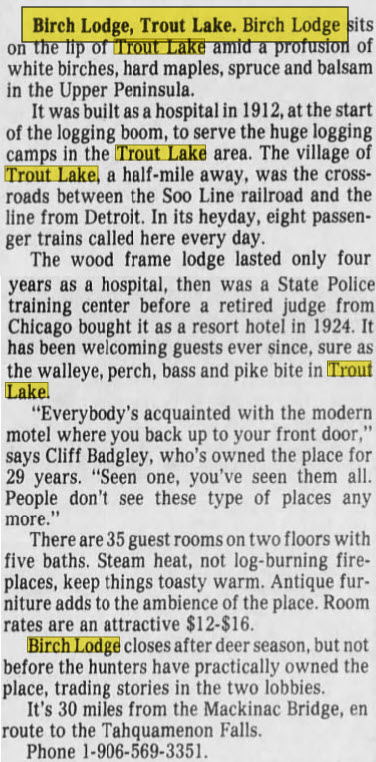 Birch Lodge - 1981 Article On Lodge